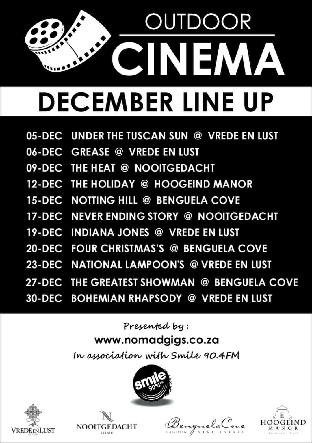 Outdoor Cinema over the festive season - Nomad Gigs with Smile 90.4FM - outdoor cinema at Benguela Cove winery, Hermanus - Tickets at www.nomadgigs.co.za/outdoor-cinema/