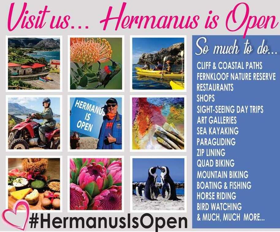 Hermanus is open - with loads of things to see and do - come and enjoy the ocean and wide open countryside, near Cape Town, South Africa